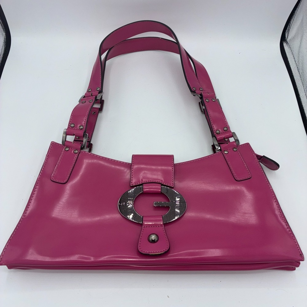 Y2K Guess Pink Patent Leather Shoulder Bag Big Silver G Logo Buckle